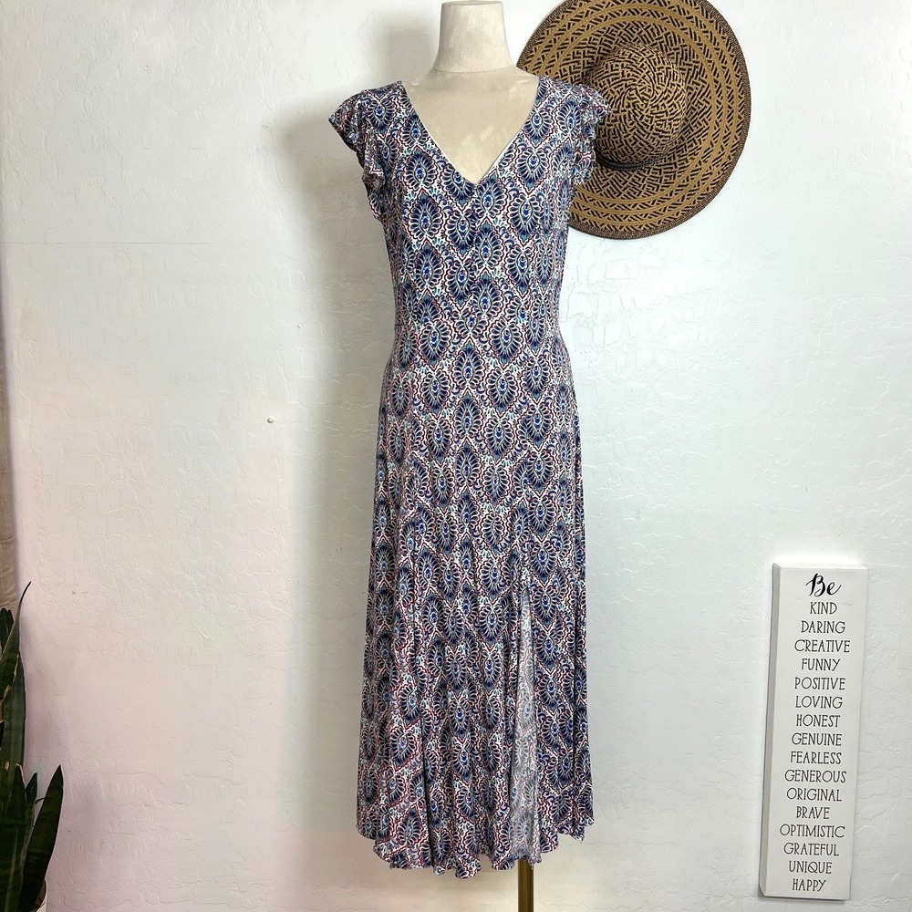 Scoop Womens Boho Peacock Print Maxi Dress XS Flutter Sleeve V-Neck Front Slit